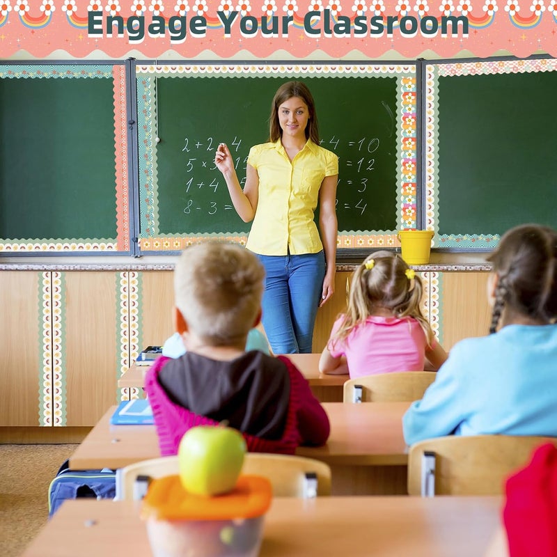 DASTTUIS 6 Rolls 196.8 Ft Groovy Boho Bulletin Board Border Set - Colorful Classroom Trim - Retro Rainbow & Daisy Flower for Teachers, School & Office Decor - Perfect for Birthday, Back to School Theme - Image 3